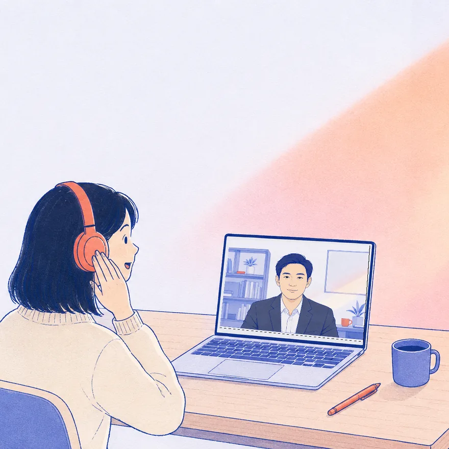戴耳机的求职者正在视频面试,笔记本屏幕里是面试官